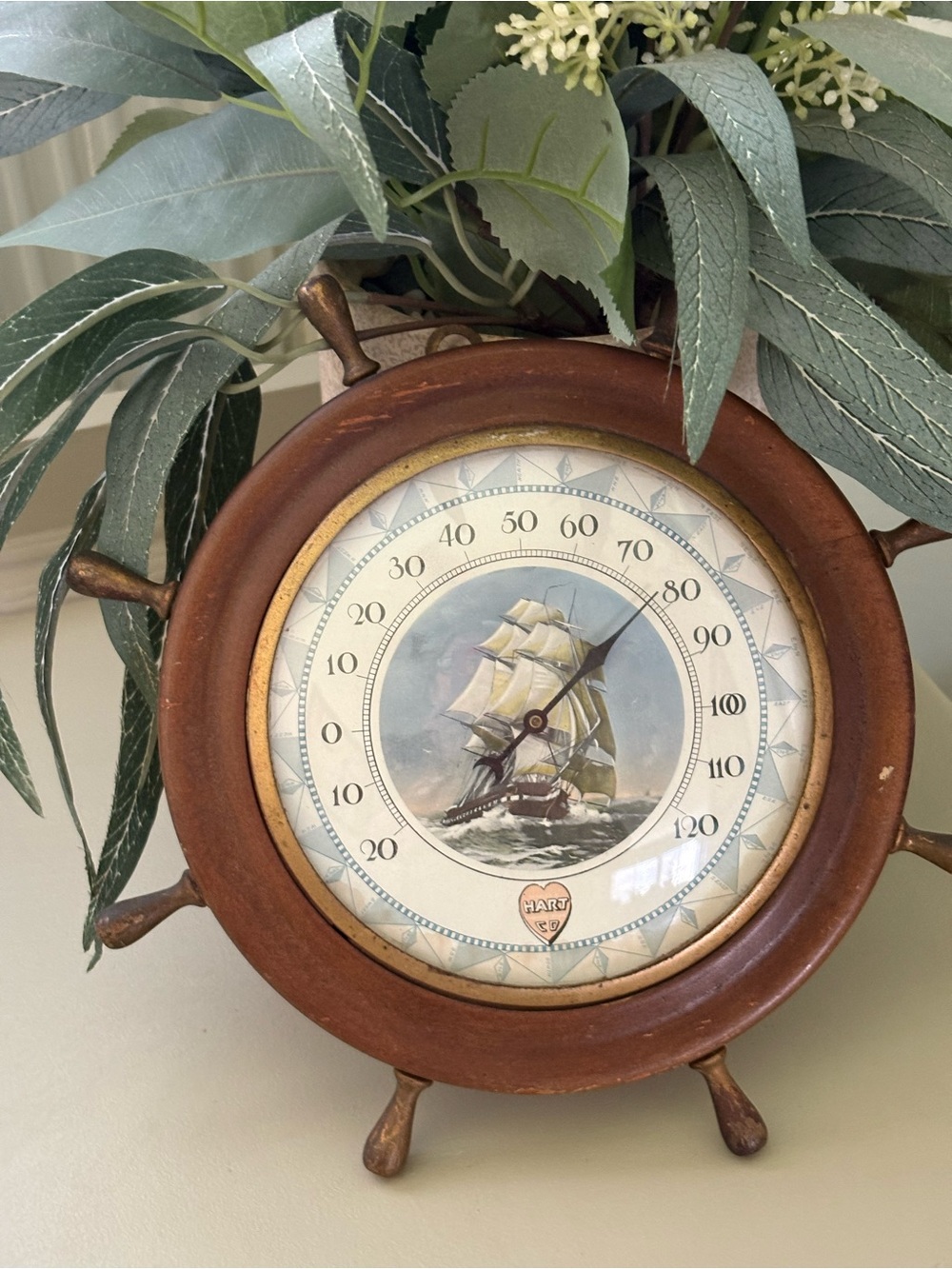 Vintage Maritime Ship Wheel Wall Barometer in Brown and Gold